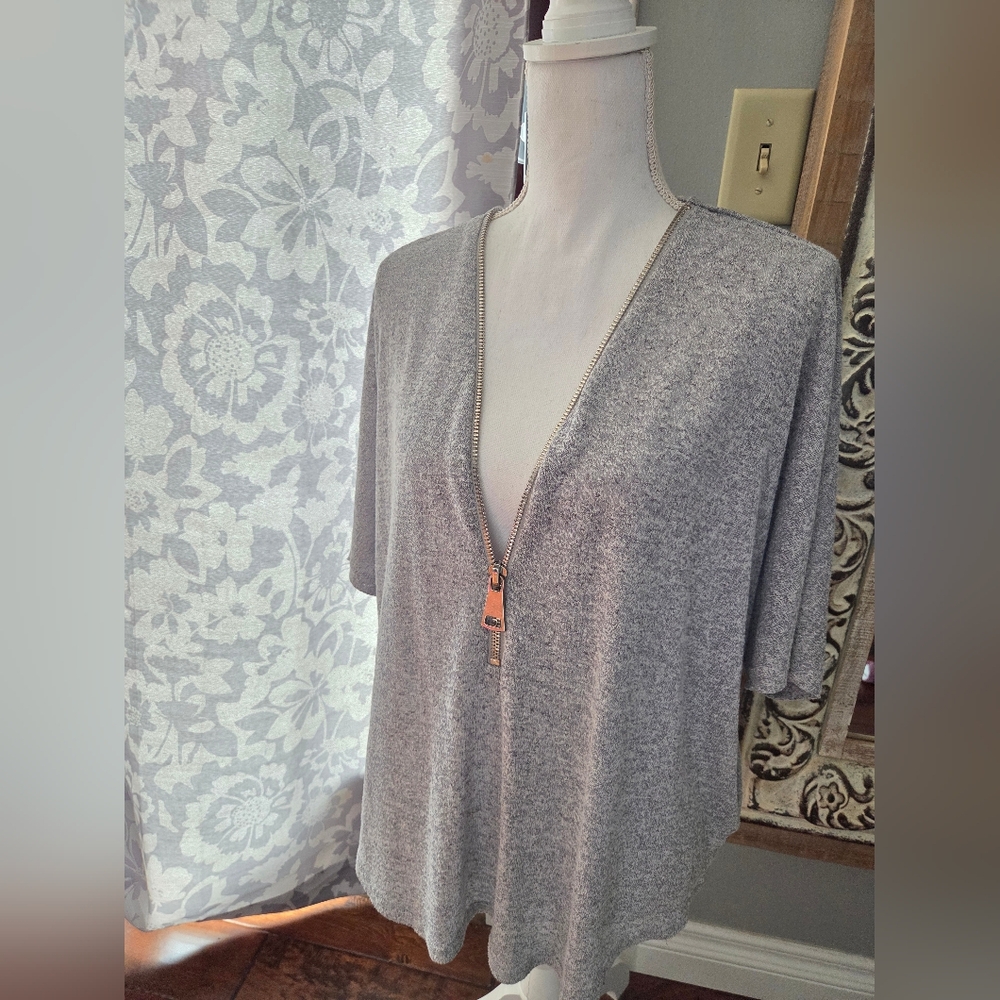 JOAN VASS M Dolman Sleeve Zip V-Neck Sweater Blue Size Medium